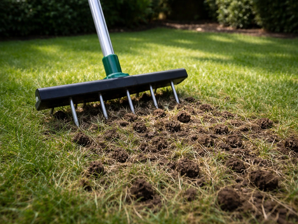 Tuinierprikapparaat of verticuteerhark op een gazon, met zichtbaar vilt en omgewoelde grond