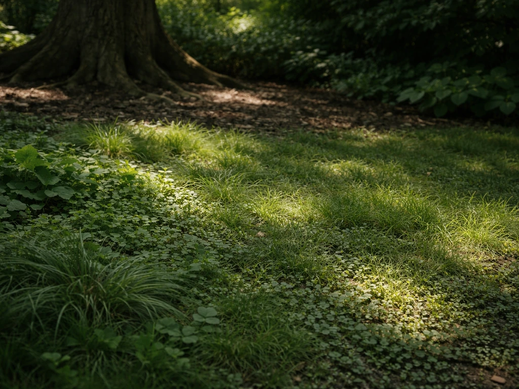 Schaduwrijke tuinrand onder een boom met dicht, schaduwtolerant groen in plaats van klassiek gras.