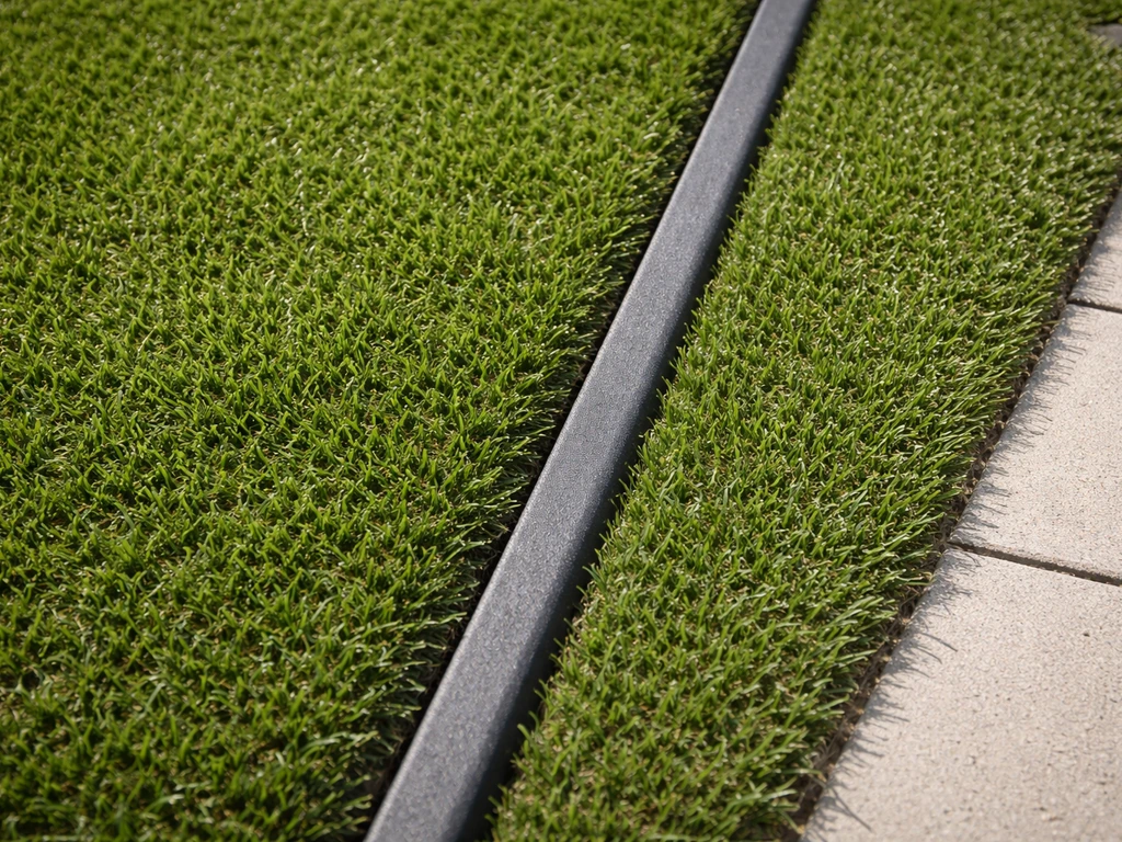 Close-up van kunstgras langs een strakke erfgrens met duidelijke randafwerking tussen twee gazons