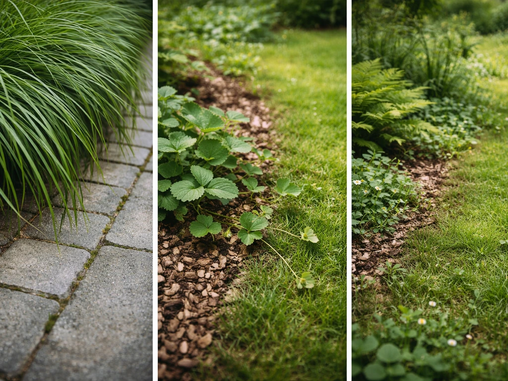 Drie naast elkaar gefotografeerde tuinbeelden: overhangend gras, uitlopers over de grens en een vage erfgrenslijn