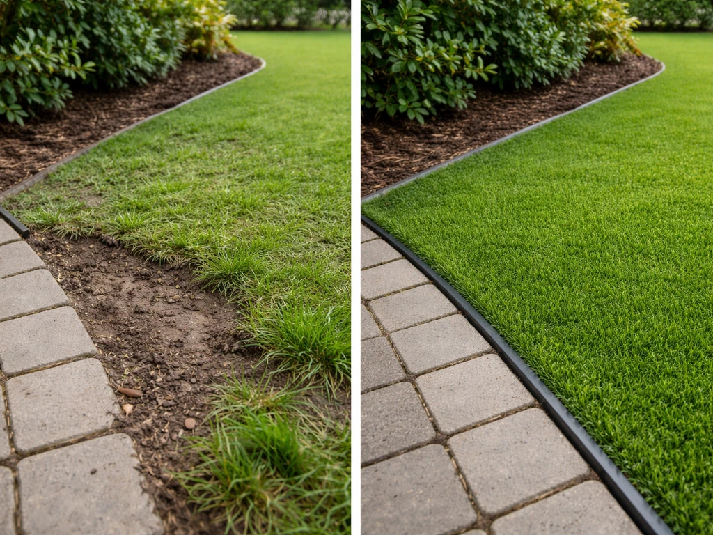 Vergelijking van kunstgras in twee kleine tuinbeelden: links minder effect door probleem buiten de grasrand, rechts nett
