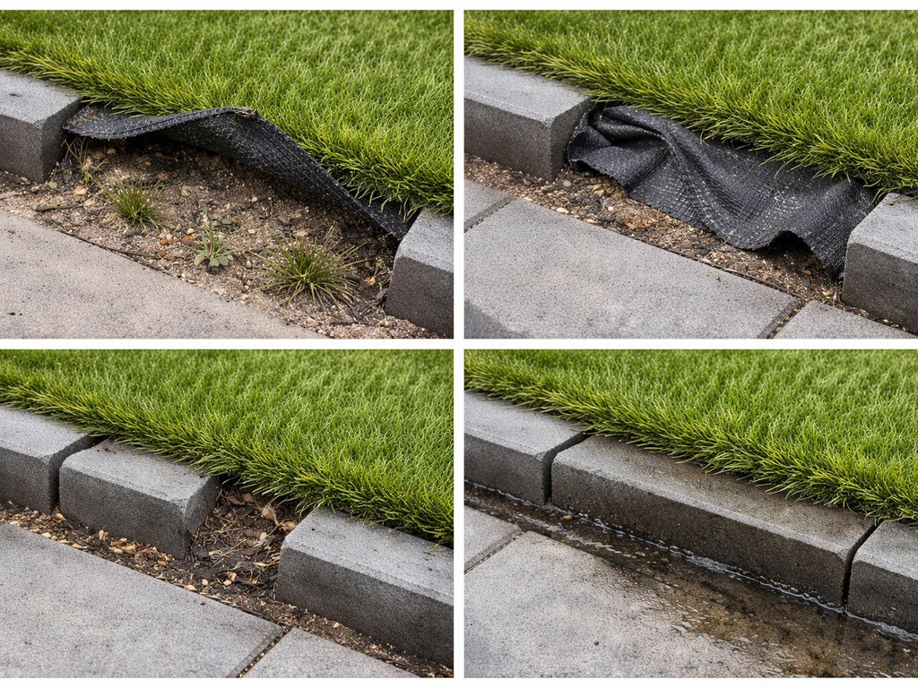 Vier losse close-ups van een rommelige kunstgrasrand: ontbrekend doek, kieren en verkeerde afwatering.