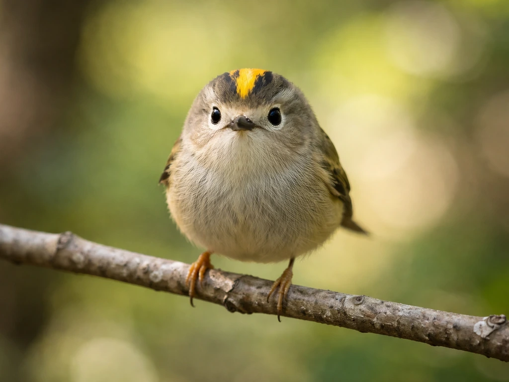 Tiny kinglet bird perched forward, delicate colors and alert posture in natural light.