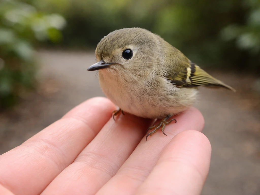 A tiny kinglet perched on a person’s fingertip at arm’s length, close and intimate in soft daylight