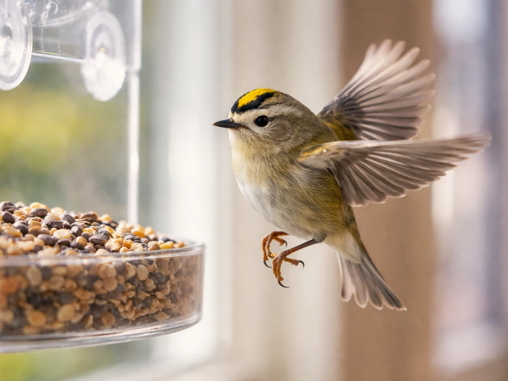 A small kinglet hovers and flicks its wings while foraging at a window feeder