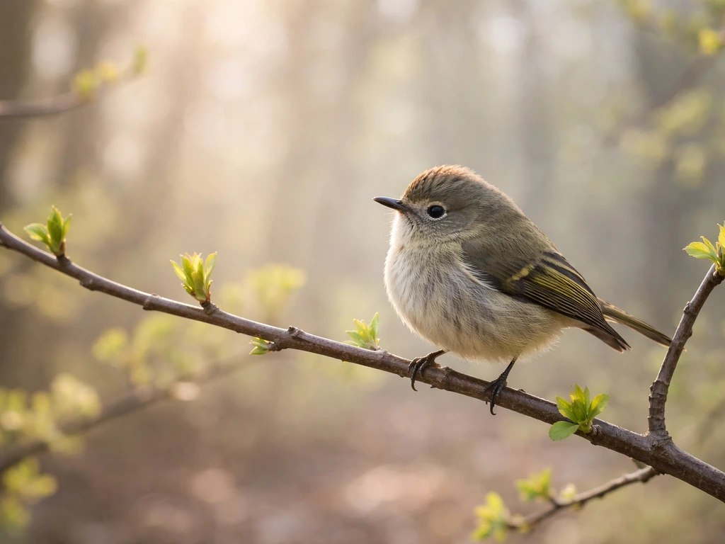 A small kinglet perched on a spring branch with fresh greenery and soft morning light in the background.