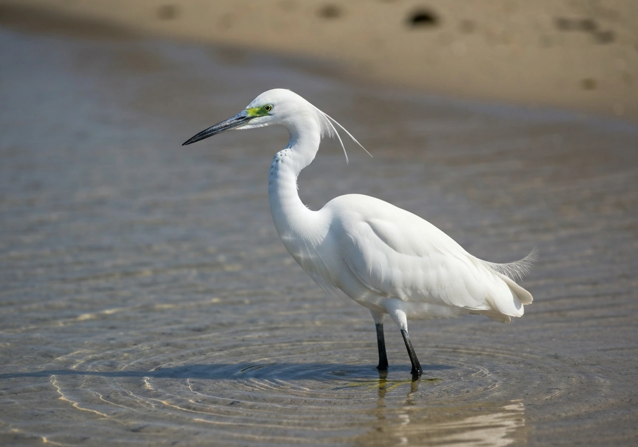White egret standing still in shallow clear water at the shoreline, calm purity and soft ripples