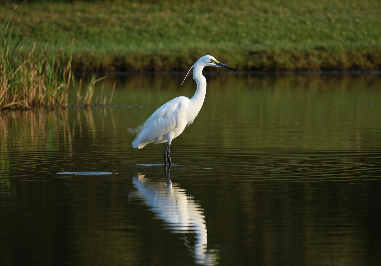 A lone egret stands at a quiet pond’s edge, alert and still in soft morning light.
