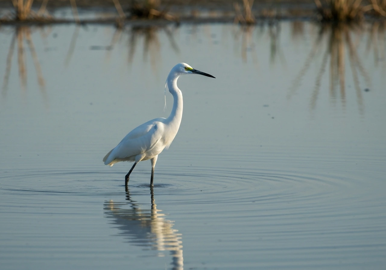 A white egret stands perfectly still in shallow water as reeds blur in the background.