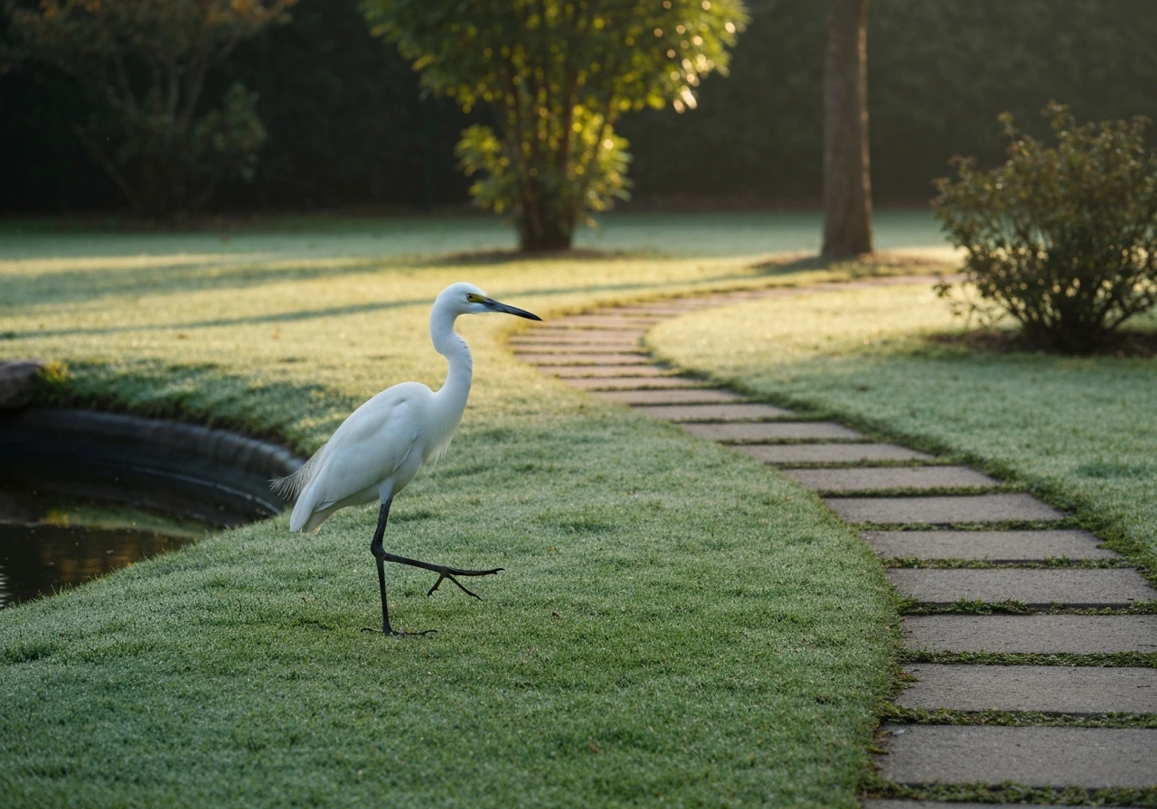 White egret standing on a dewy lawn beside a small pond and curved garden path.
