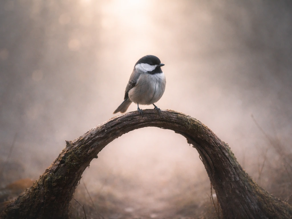 Grey and white bird perched on a threshold-like branch amid soft foggy dawn light.