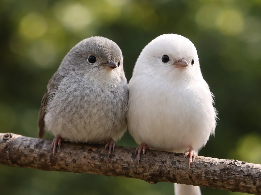 Close-up of a grey and a white bird perched together on a branch with soft green background bokeh.