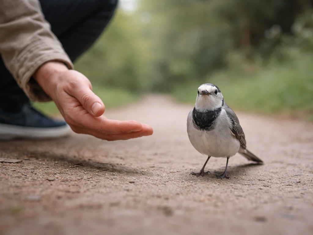 Grey and white bird perched unusually close to a person’s hand at ground level outdoors.