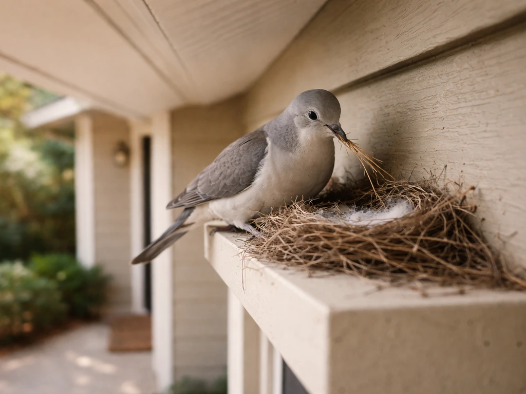 Grey-and-white bird perched under a home eave, arranging twigs in a nest by the entrance.