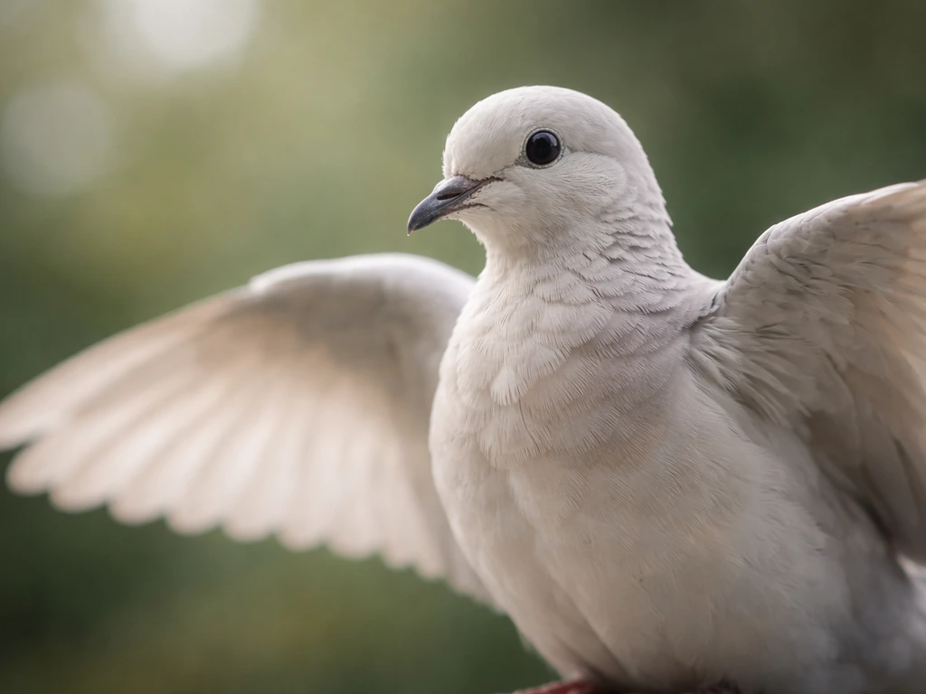 Close-up of a calm white dove perched, feathers softly lit, gentle motion suggesting peace and gentleness.