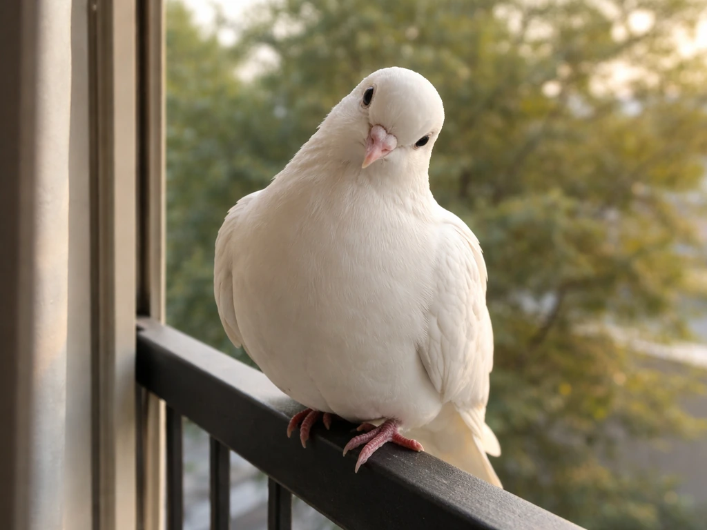 A white dove perched on a balcony railing, calmly facing the camera in natural light