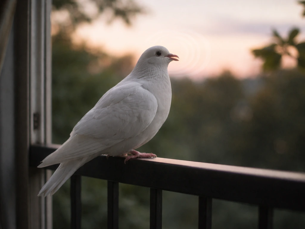 White dove perched near a window with subtle ripples around its beak suggesting soft cooing.