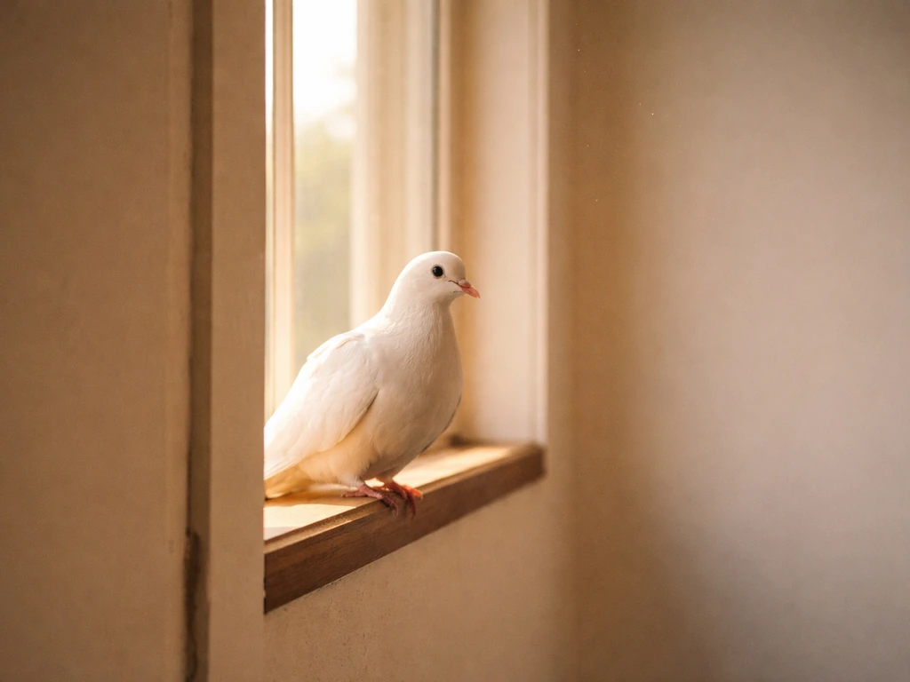 White dove perched near an open window, warm golden light and calm atmosphere suggesting peace and healing.