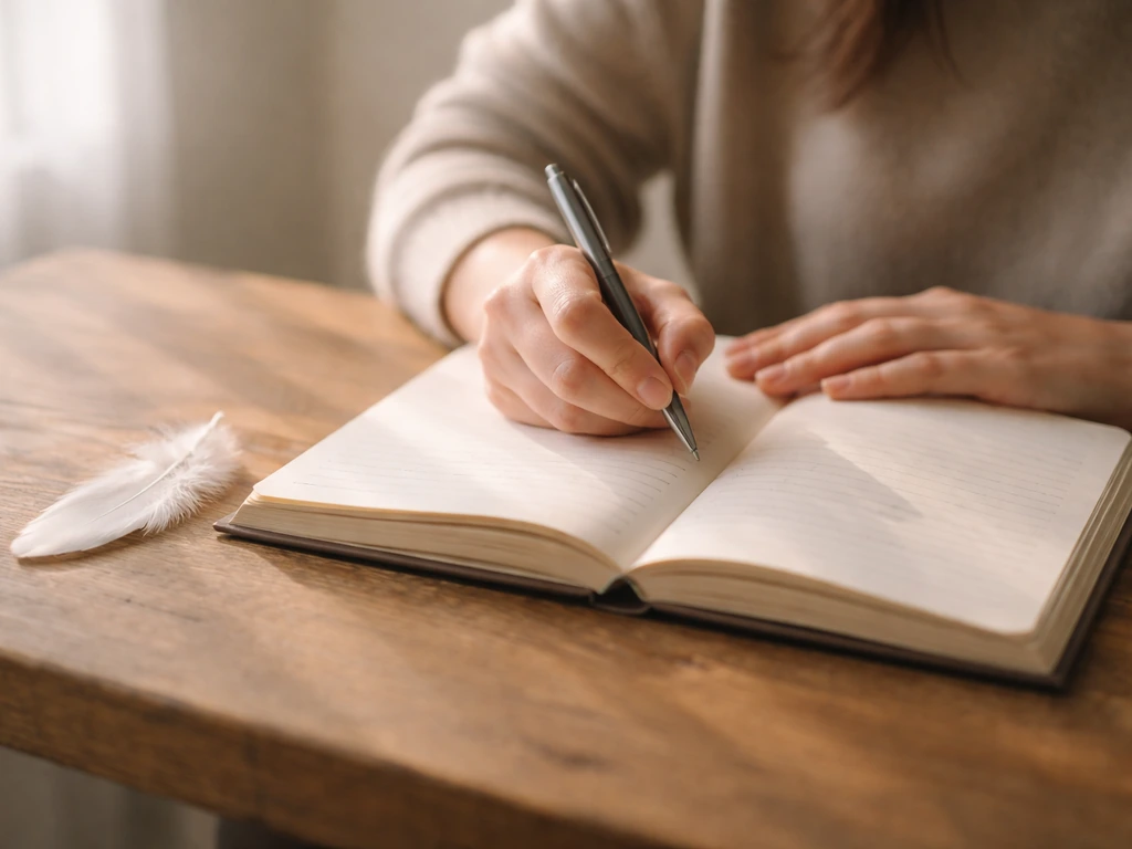 Hands writing in an open journal with a small white feather nearby on a calm wooden table.