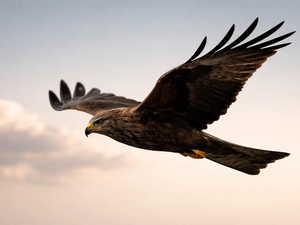 Black kite bird of prey gliding in mid-air with dark silhouette against a softly cloudy sky.