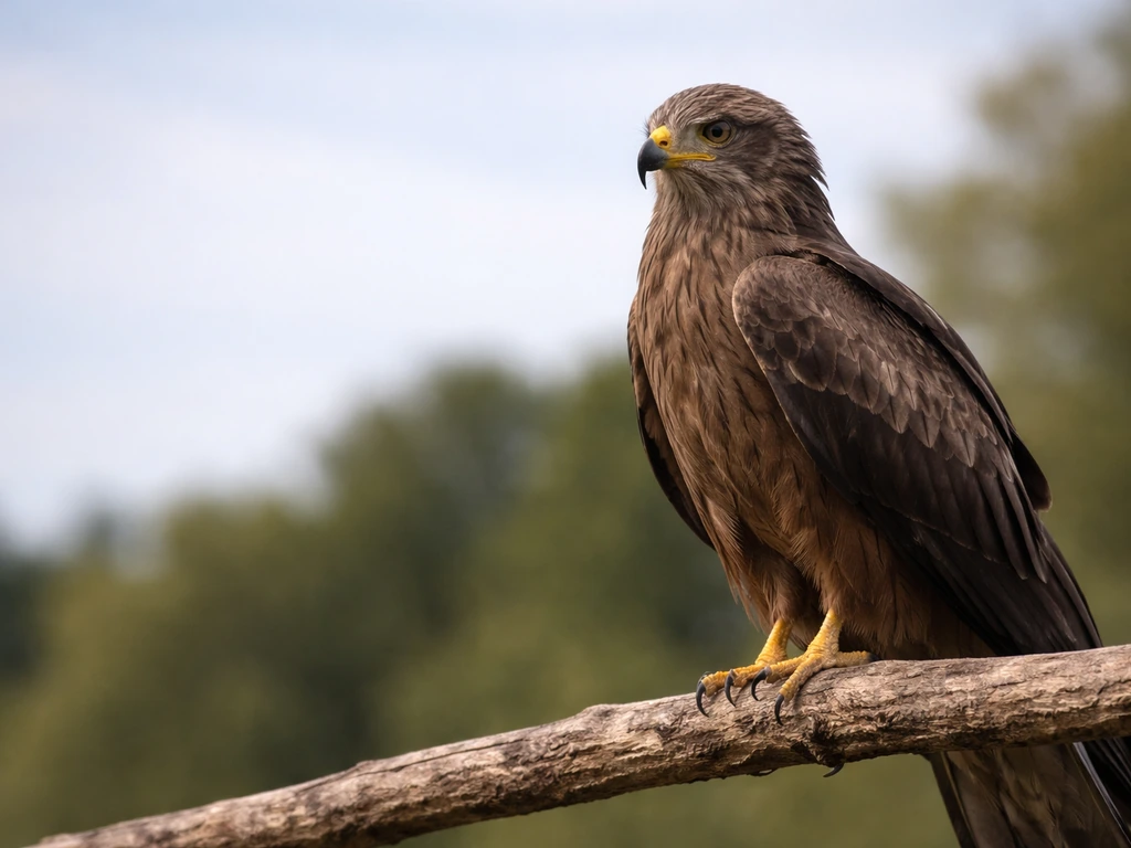 Black kite perched on a branch, sharp eyes and alert posture in soft daylight.