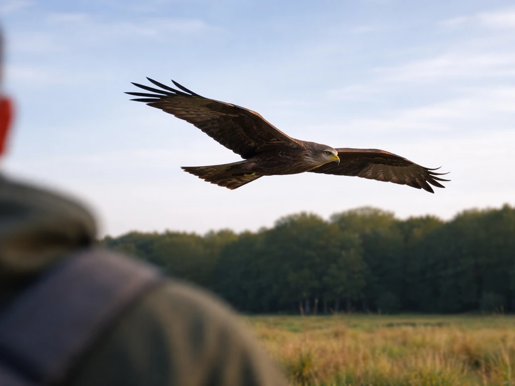 Black kite gliding across a clear sky, crossing a viewer’s view from left to right.
