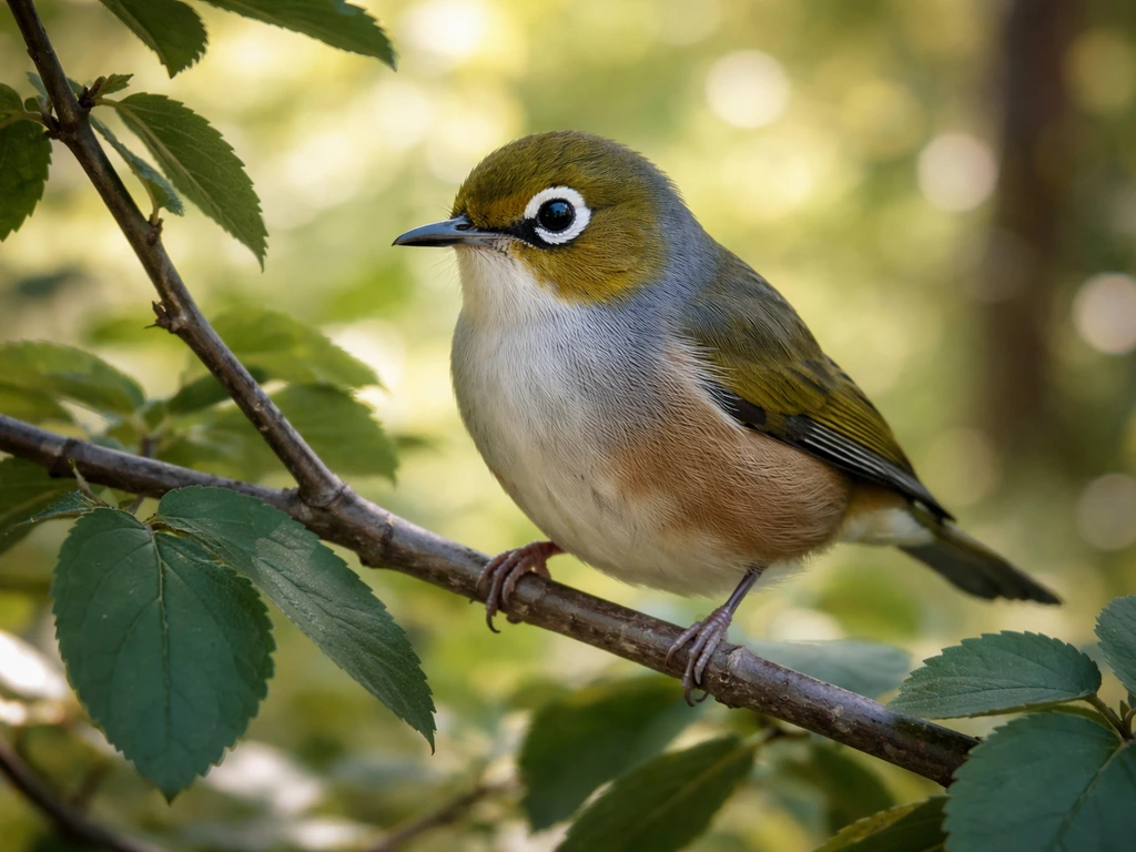 A silvereye perched on a branch, its bright white eye-ring clearly visible in soft natural light.