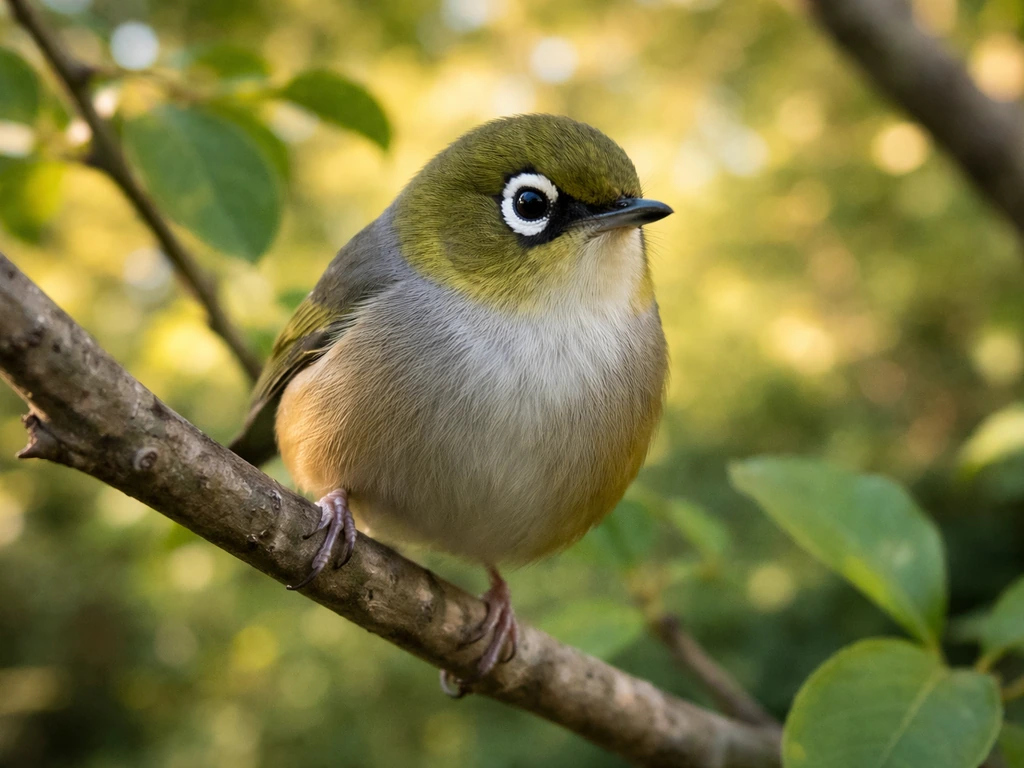 Close-up silvereye perched on a leafy branch in a sunlit garden tree.