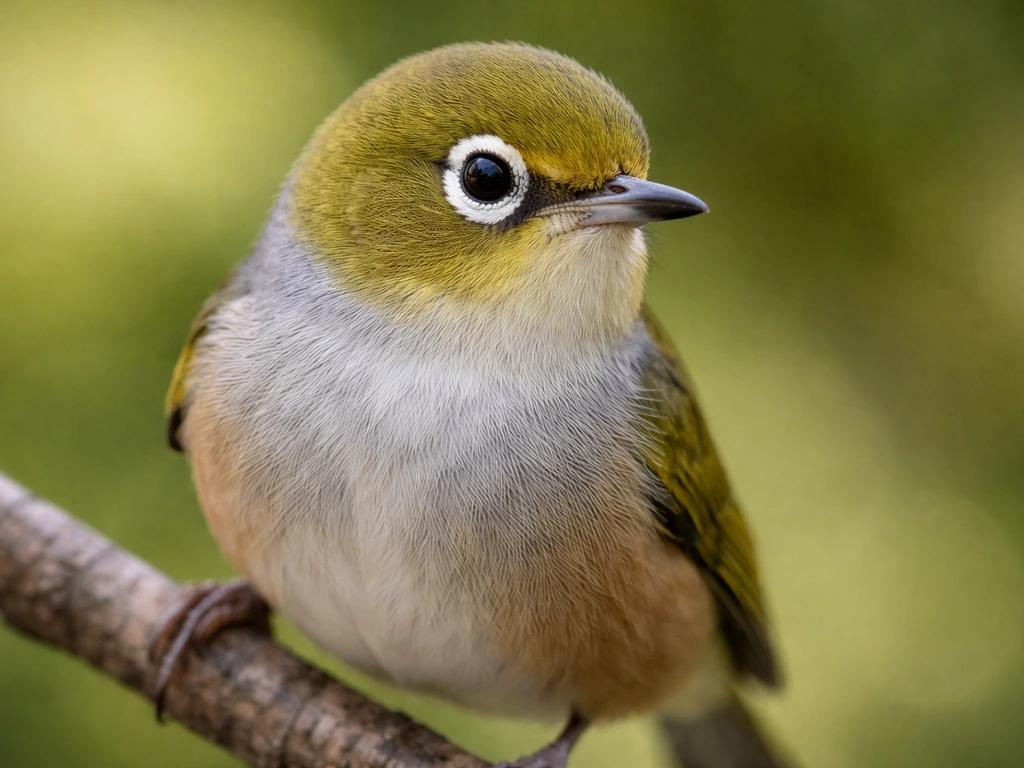 Close-up of a silvereye bird showing its bright white eye-ring and facial markings