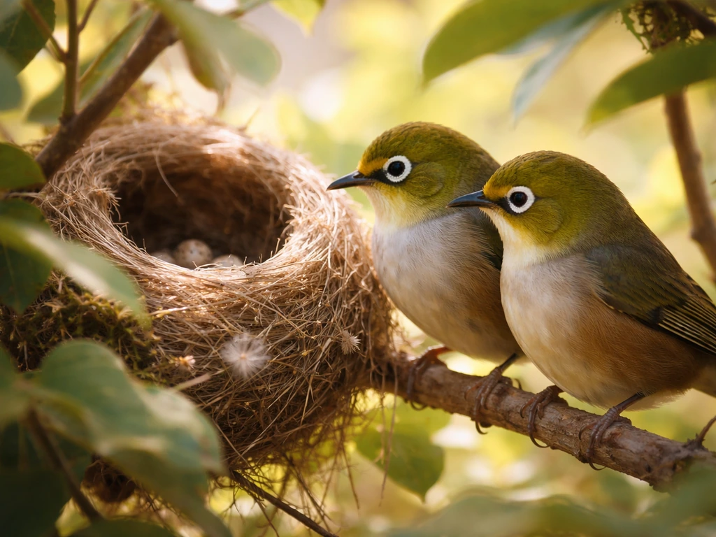 A silvereye pair perched near a small nest in leafy foliage, conveying connection and love.