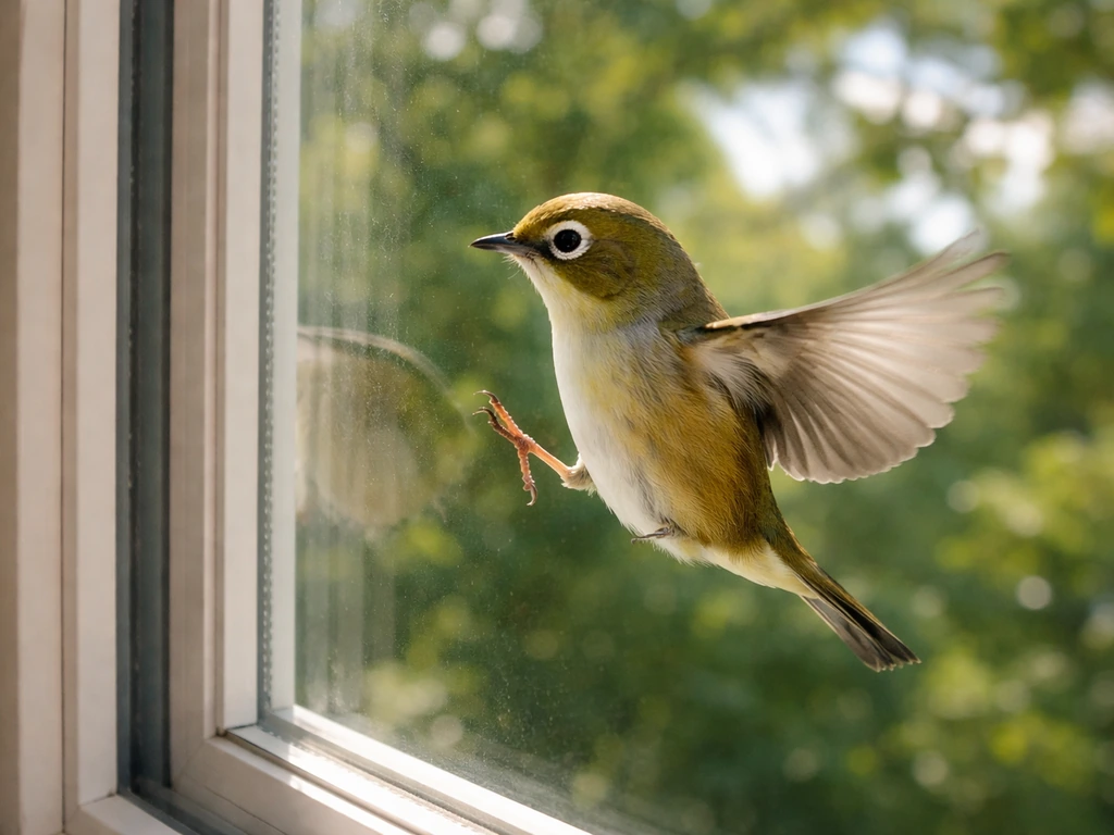 Silvereye bird fluttering near a home window with a realistic trees-and-sky reflection on the glass.