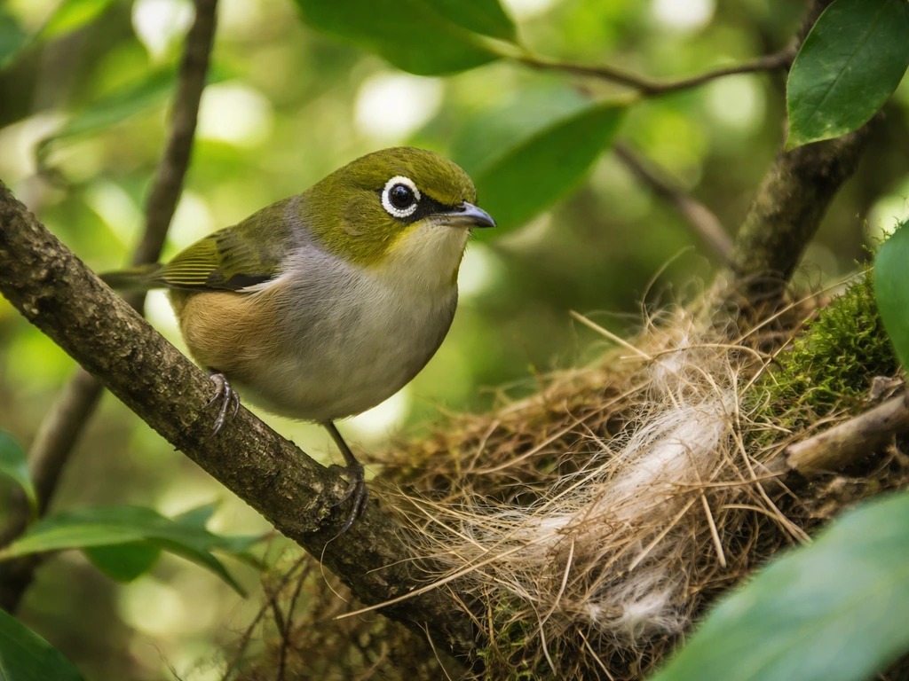 Silvereye perched among leafy nesting-season foliage with nearby nest fibers and grass strands