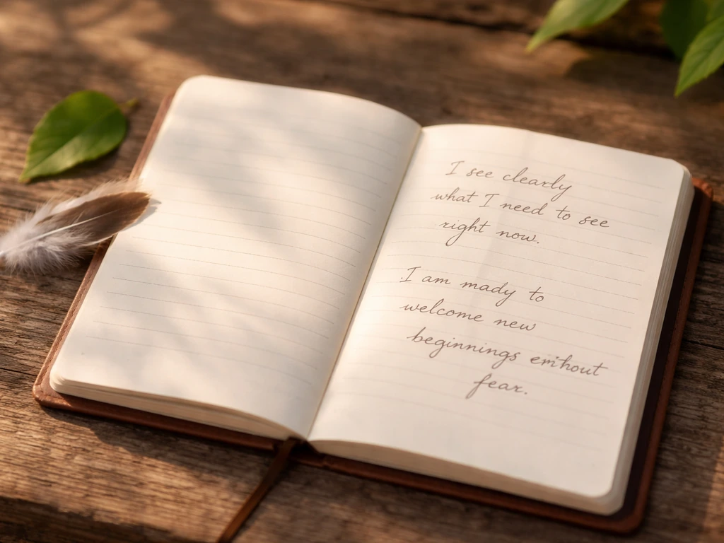 Blank journal with a few handwritten affirmations, next to a leaf and feather on natural wood.