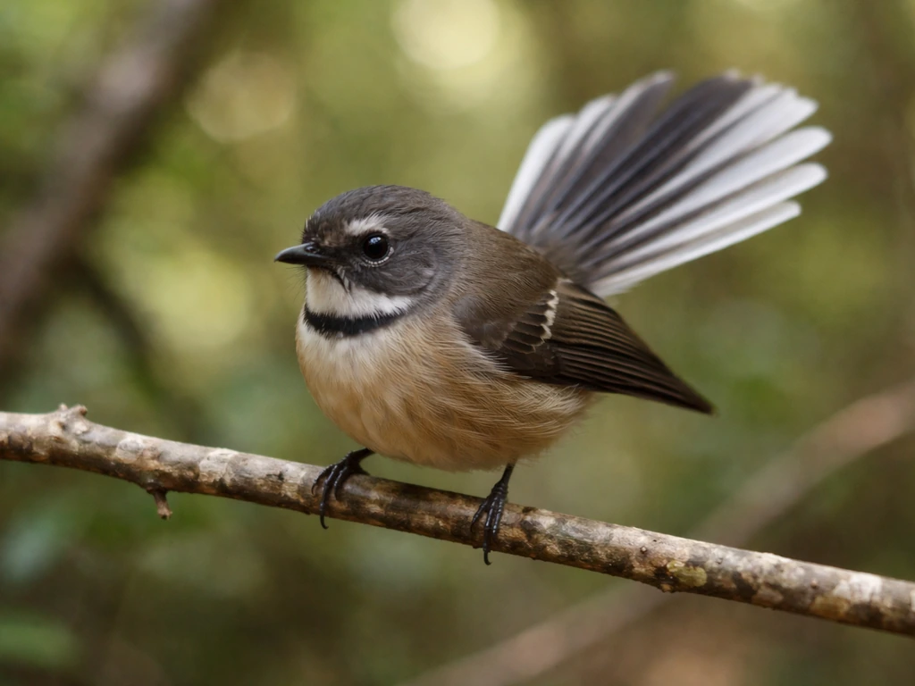 Close-up of a New Zealand fantail bird with fanned tail feathers perched on a native branch.
