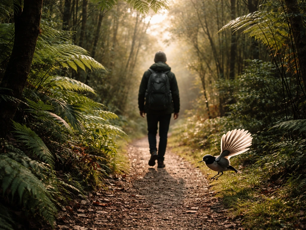 A small fantail bird follows a hiker on a quiet forest path, creating a gentle guided feeling.