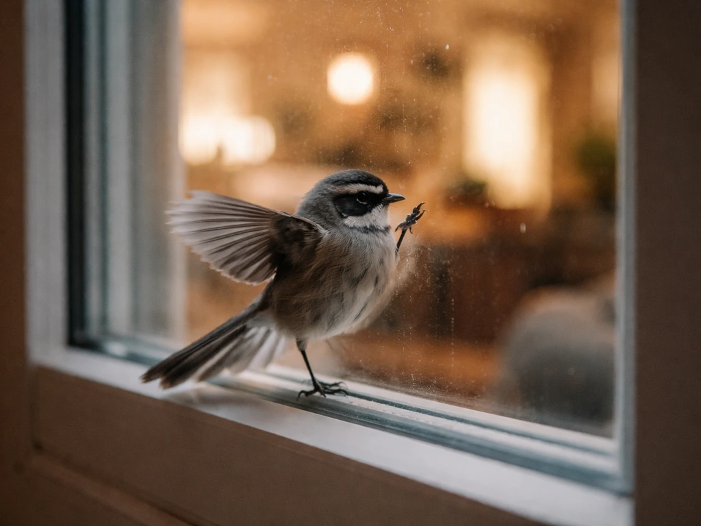 A small fantail bird taps a windowpane, with warm indoor light behind the glass.