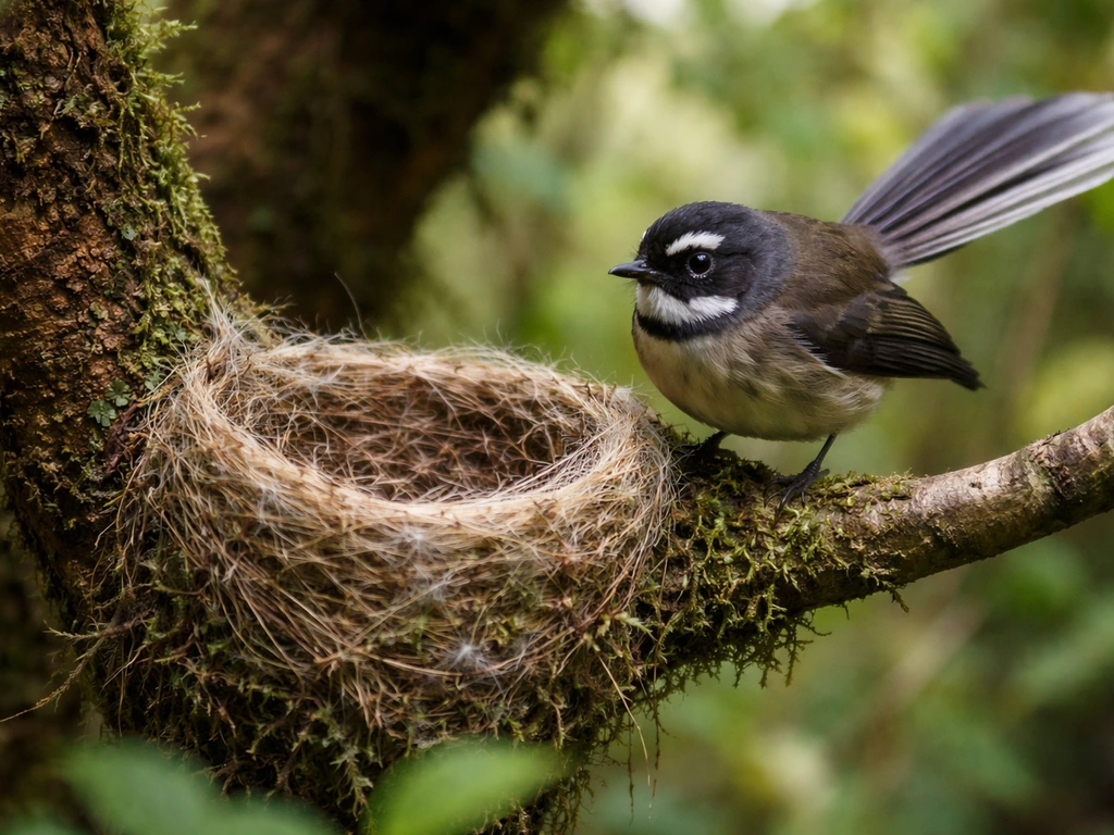 Fantail near a natural nest site with visible nesting materials among sheltered tree branches.
