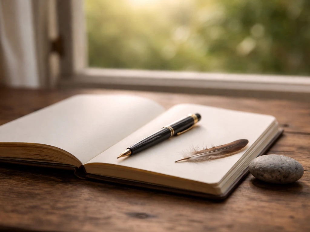 Open journal with a pen, feather, and stone on a table by a sunlit window.