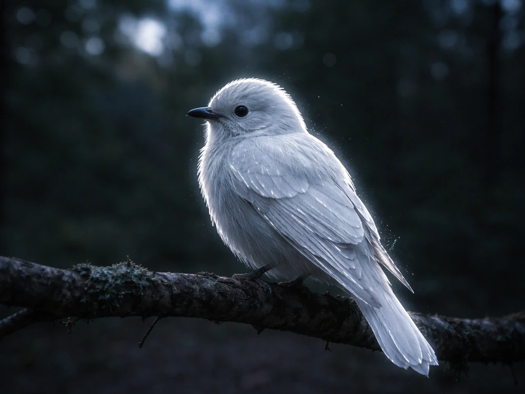 Luminous silver-feathered bird perched in soft moonlight, symbolizing spiritual messages and clarity.