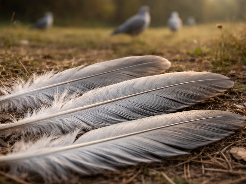 Close-up of silver-gray bird feathers on the ground with subtle bird silhouettes in soft background.