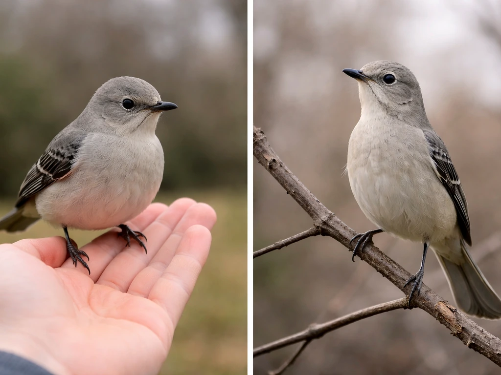 Split-scene of a small silver bird perched on a hand, then alert with head raised against a neutral background.