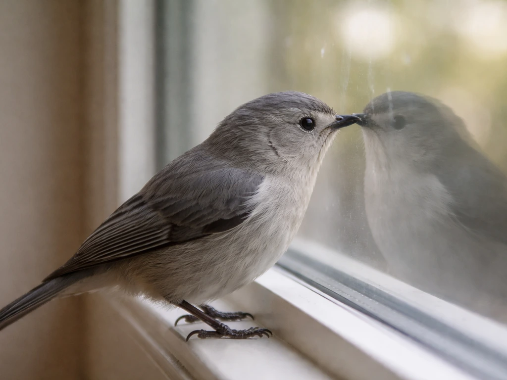 A small silver bird taps reflective window glass, with soft reflections showing why it may approach.