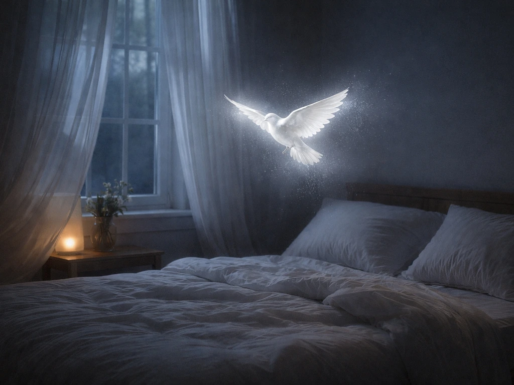 A peaceful silver bird glows softly in a quiet, dreamlike bedroom at night.
