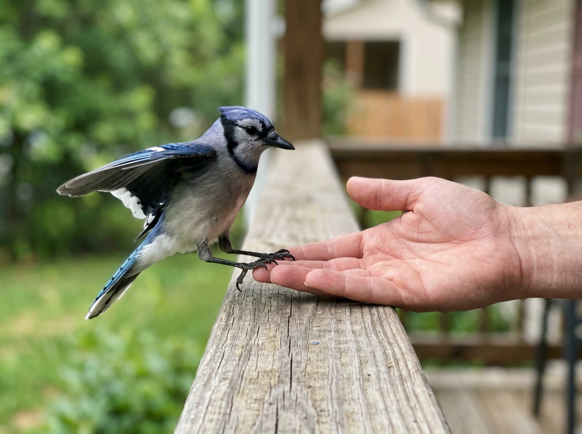 Blue jay landing near a person’s hand