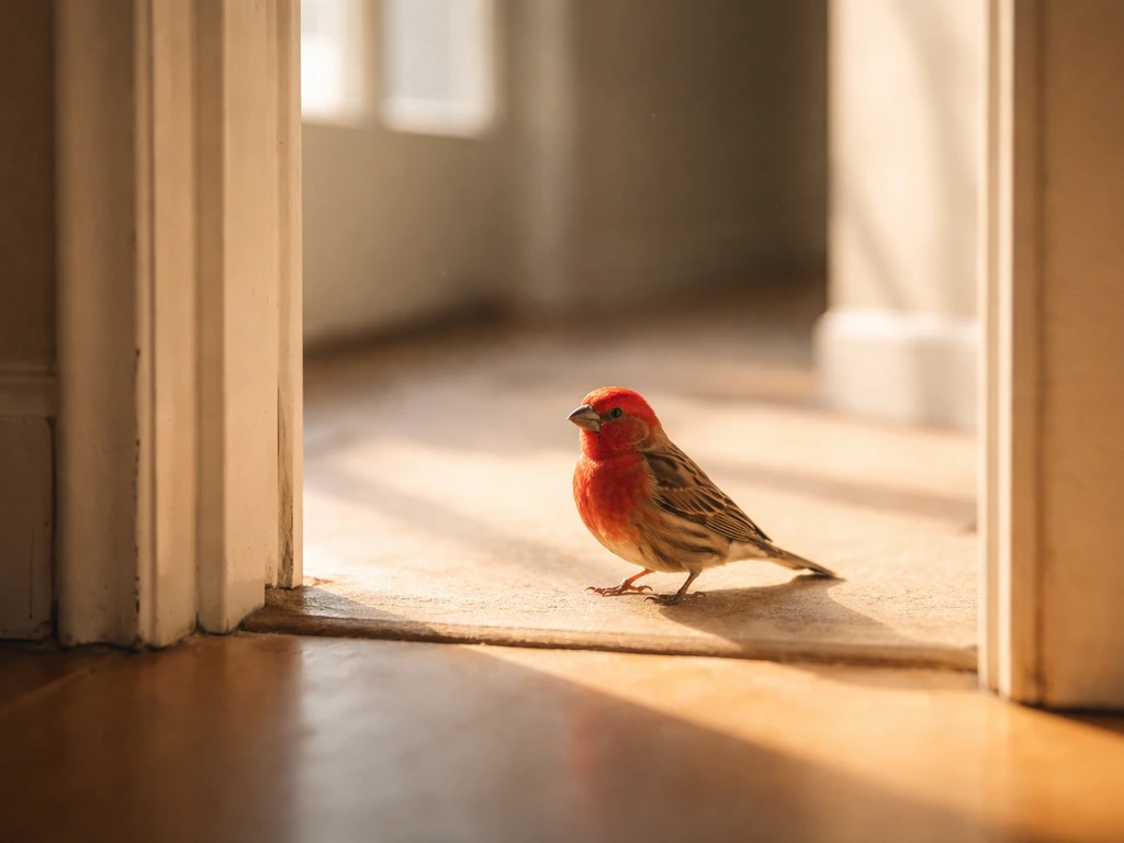 A red bird perched near an open doorway and sunlit window inside a quiet home.