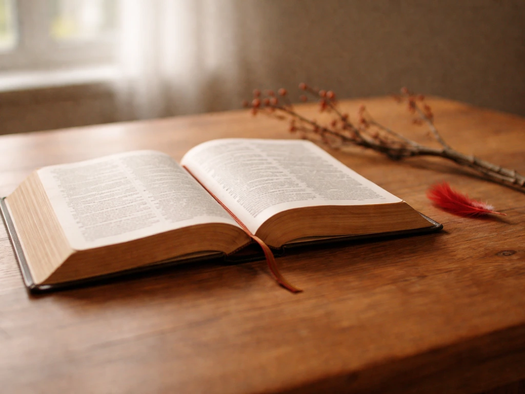 Open Bible on a wooden table with a small red bird feather and branch nearby.