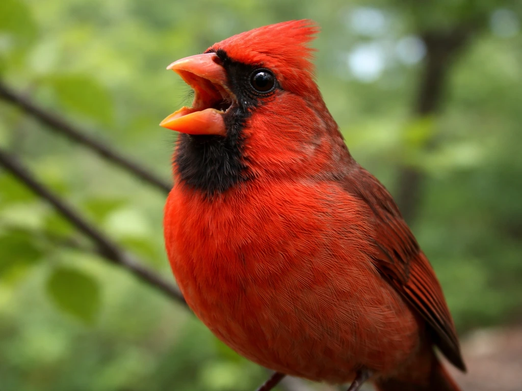 Close-up of a red bird perched near the camera with its beak open as if singing.