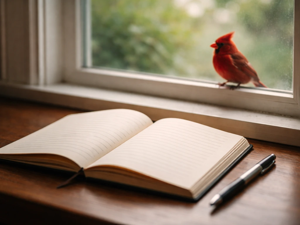 Open journal and pen on a desk as a red bird perches on the window outside.