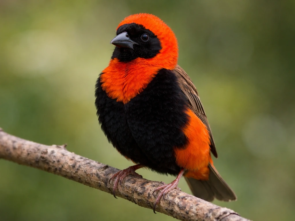 Close-up of a red bishop weaver bird displaying orange-red and black breeding plumage on a branch.
