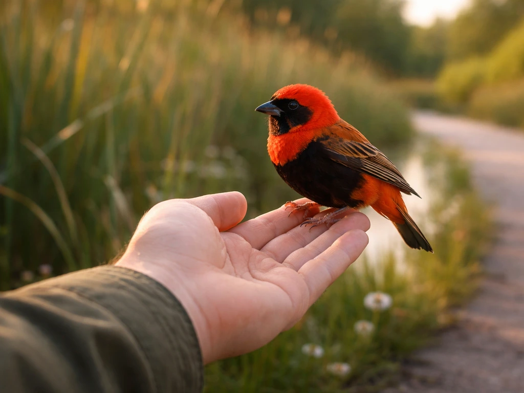 A small red bird lands on a person’s open hand in a quiet outdoor natural setting